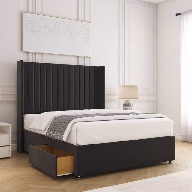 BSSPOKE Manhattan Small Double Divan Bed with 54 inch Plush Headboard and 2 Drawers in Black Velvet Fabric, W/D/H: 120 x 200 x 30.48 cm