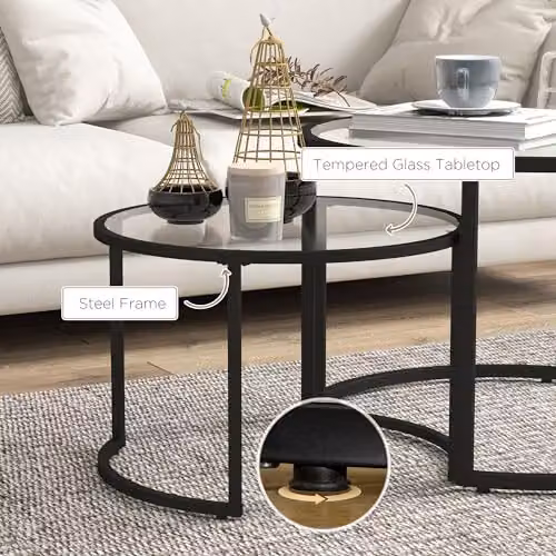 HOMCOM Set of 2 Round Nesting Coffee Tables with Black Glass Tops and Metal Frames – 4