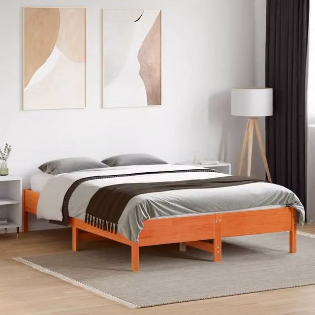 Berkfield Home Beautiful Solid Wood Bed Frame in Waxed Brown, W/D/H: 140 x 36.5 x 190 cm