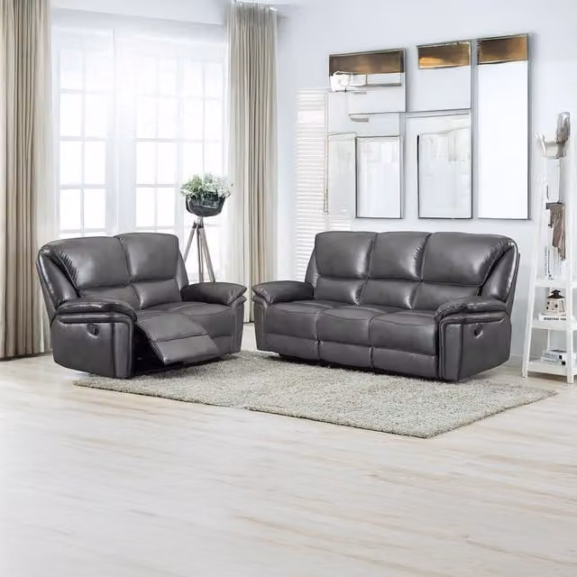 Furnishings For Less UK Boston Grey Leather Manual Reclining Sofa Set with 3 Seater and 2 Seater Sofas