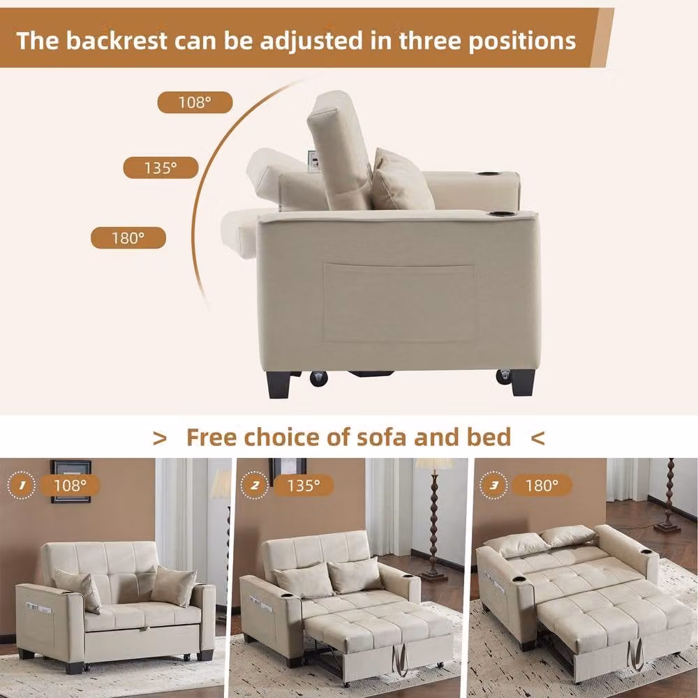 Merax 2-Seater Convertible Pull-Out Sofa Bed in Beige with Cup Holders and Scatter Cushions – 3