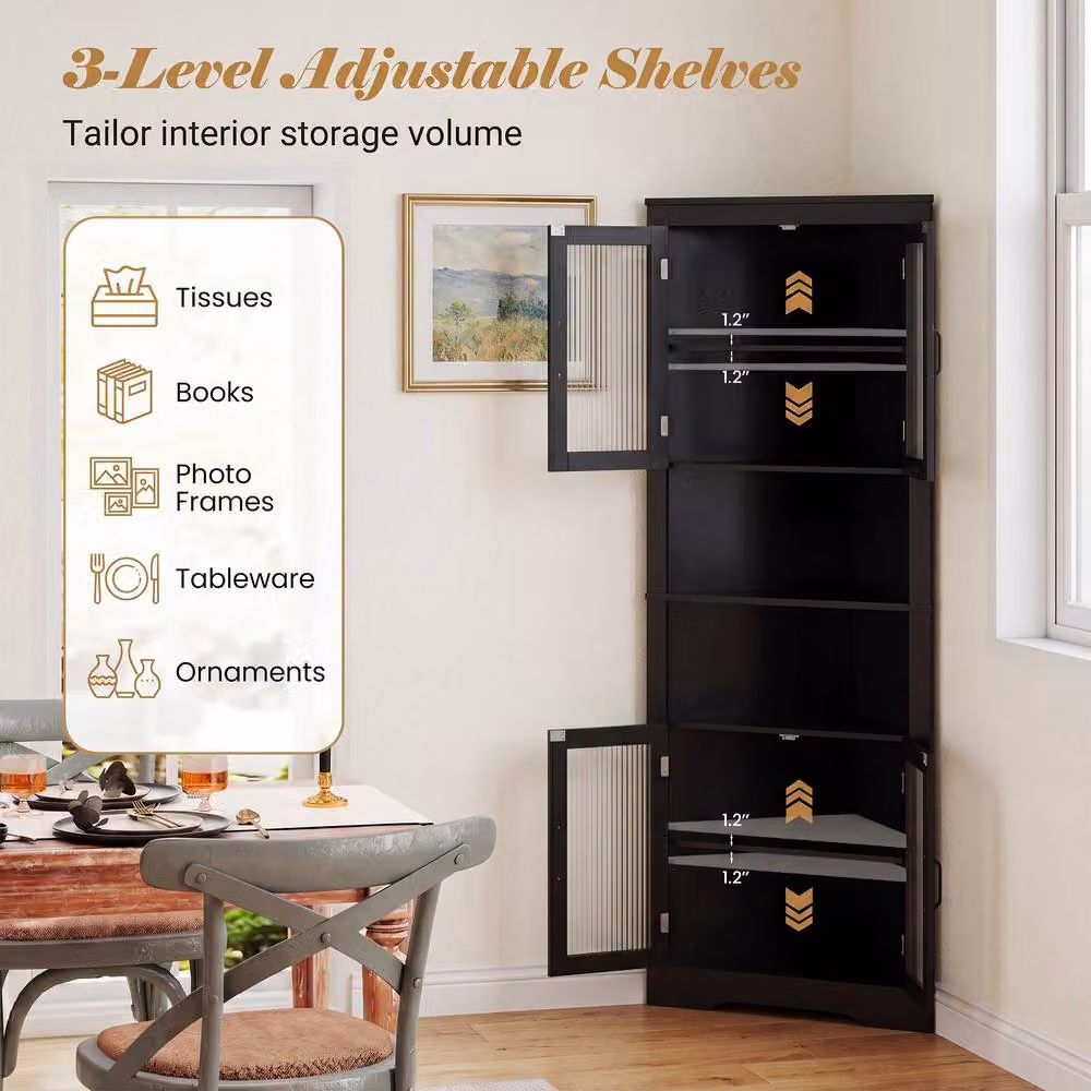 Costway 6-Tier Corner Storage Cabinet with 4 Glass Doors, Black – 8