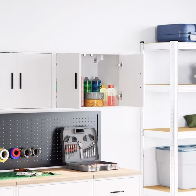 Berkfield Home White Wall Mounted Garage Cabinet with Hinged Doors and Internal Shelves