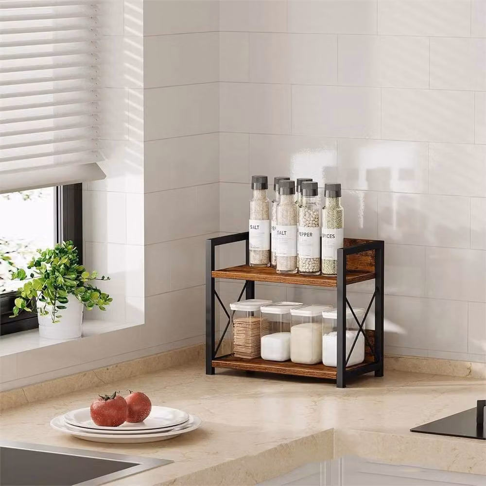 SPETLEK 2 Tier Rustic Wooden Spice Rack and Coffee Station Organiser in Brown – 4