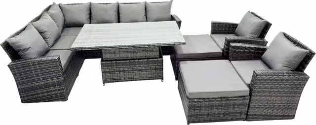 Fimous Poly Rattan Outdoor Patio Corner Sofa Set with 2 Large Stools and 2 Chairs in Dark Grey – 1