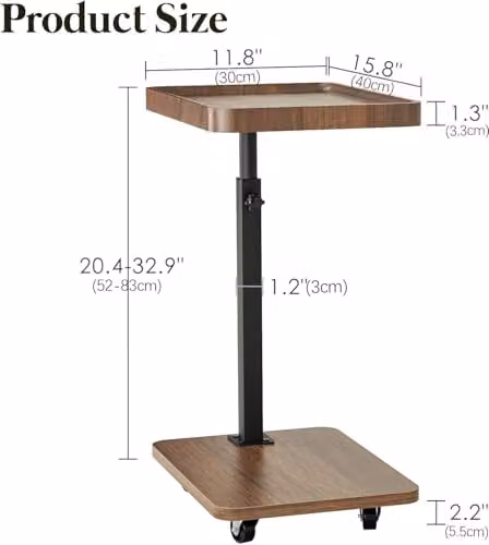 Huhote C-Shaped Side Table in Brown with Height Adjustable Rotating Top and Castors – 2