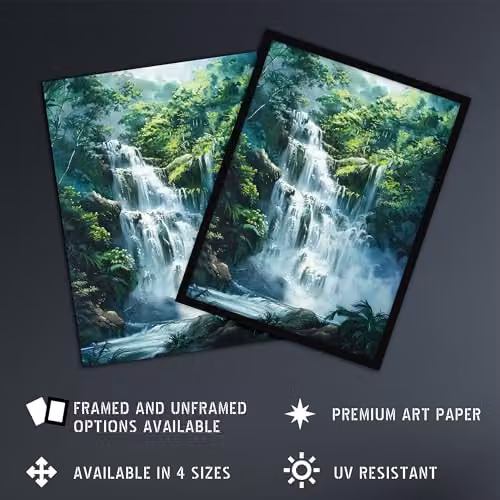 Artery8 Jungle Waterfall Amazon Rainforest Landscape Framed Wall Art Print, W: 21.0 cm, H: 29.7 cm – 2