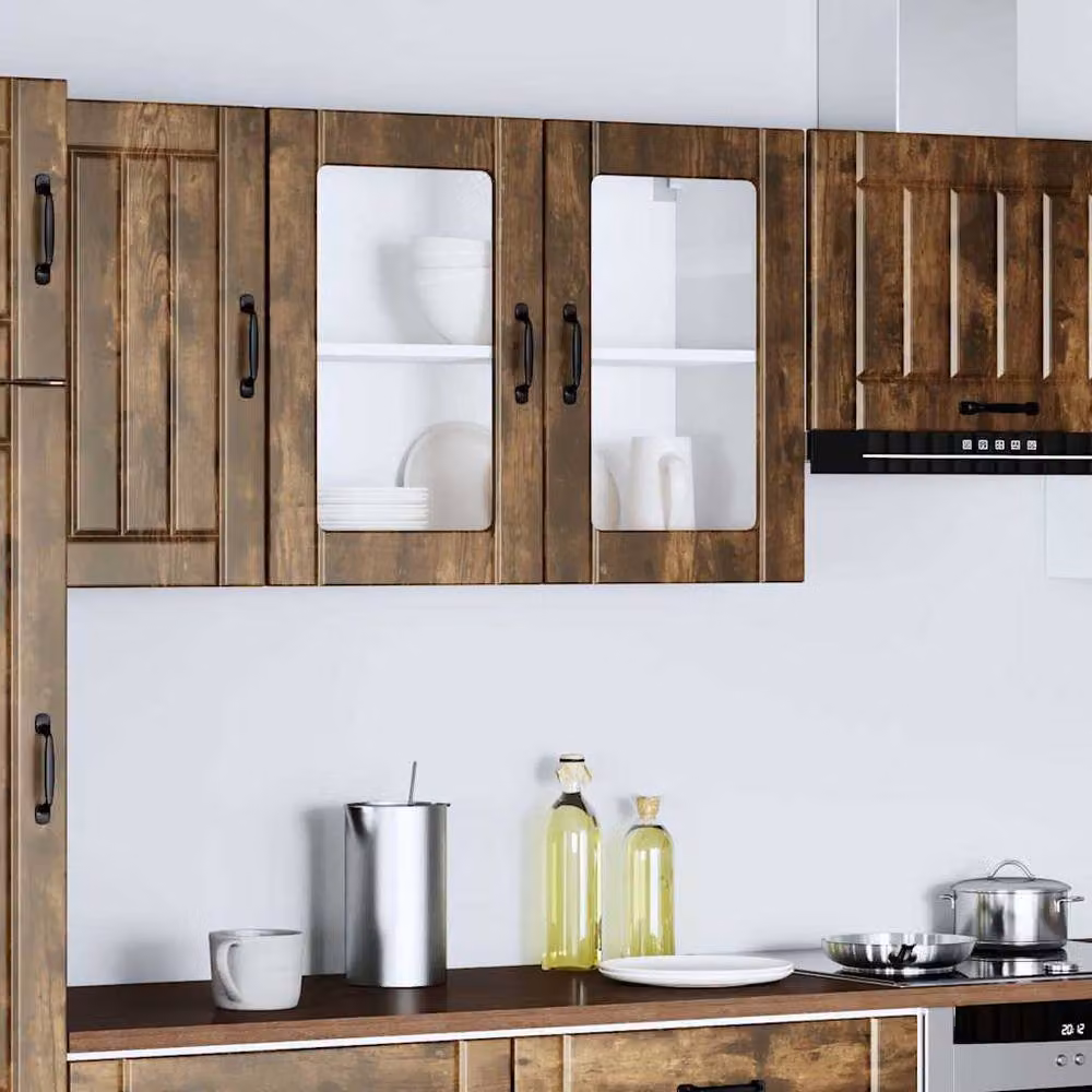 Berkfield Home Lucca Kitchen Wall Cabinet with Glass Doors in Smoked Oak Brown – 3