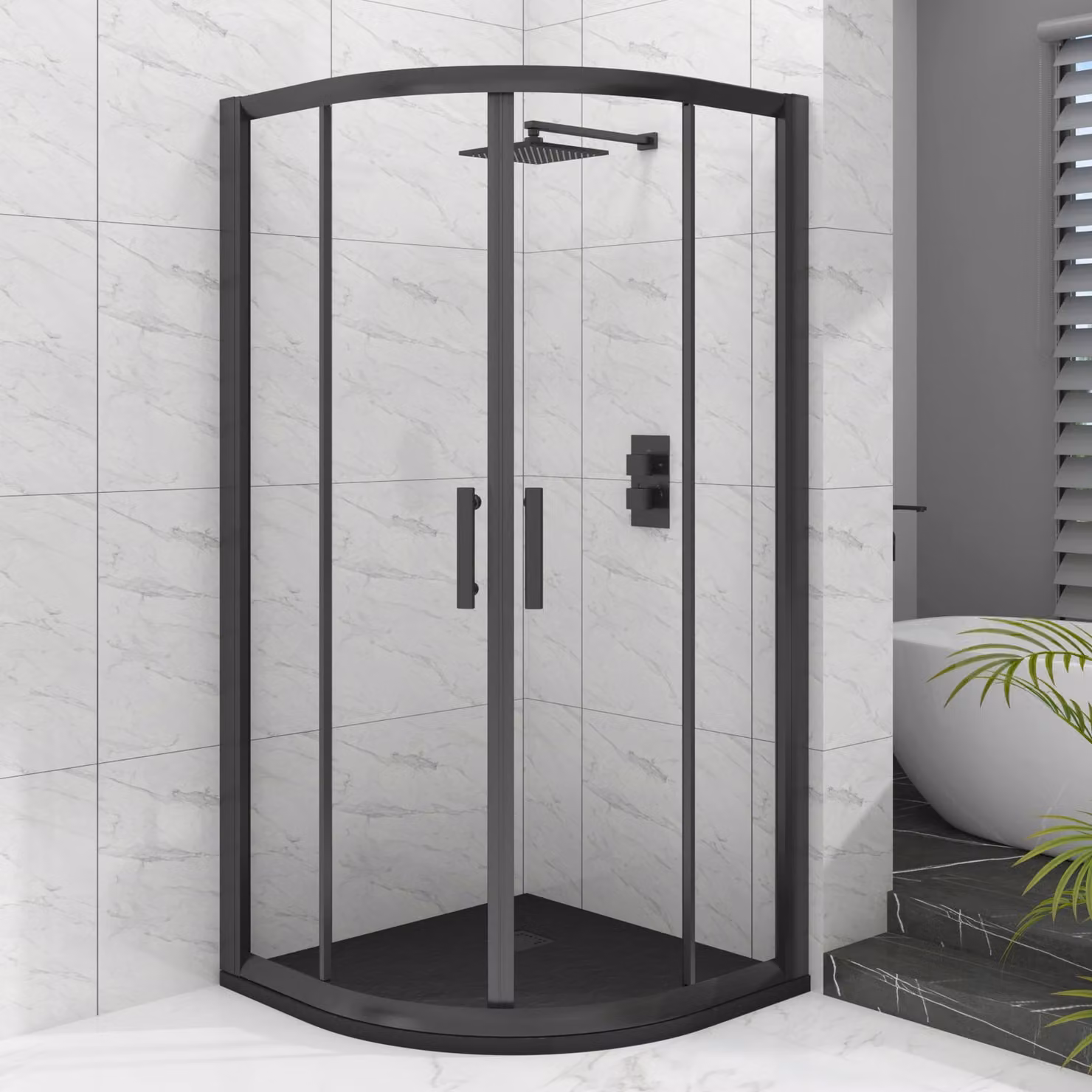 Royal Bathrooms Milan Matt Black Quadrant Shower Enclosure with Black Mineral Cast Stone Shower Tray and 6mm Double Sliding Doors W/D/H: 120 x 90 x 200 cm