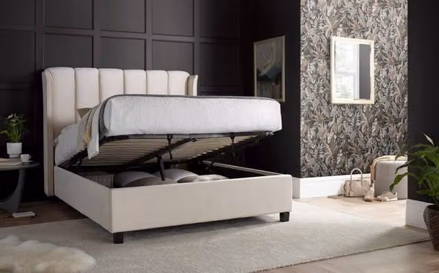 Bedmaster Aurora Velvet Ottoman Bed and Cotswold 3000 Pocket Sprung Natural Mattress in Light Stone, Size: King (W/D/H: 180 x 200 cm) – 1