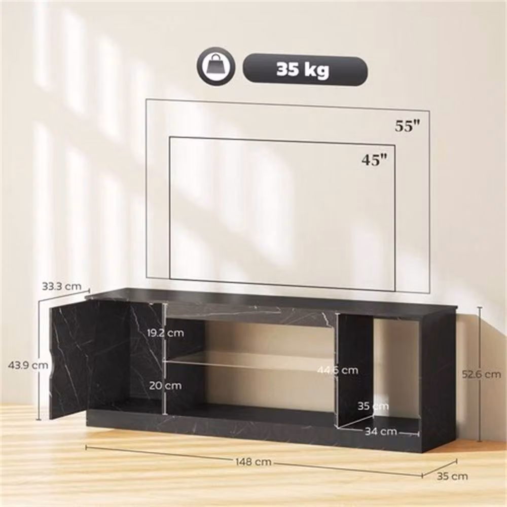 Nordara Black Marble Effect TV Stand Cabinet with Glass Shelf and Media Compartments, W: 148 cm, D: 35 cm, H: 52.6 cm – 2