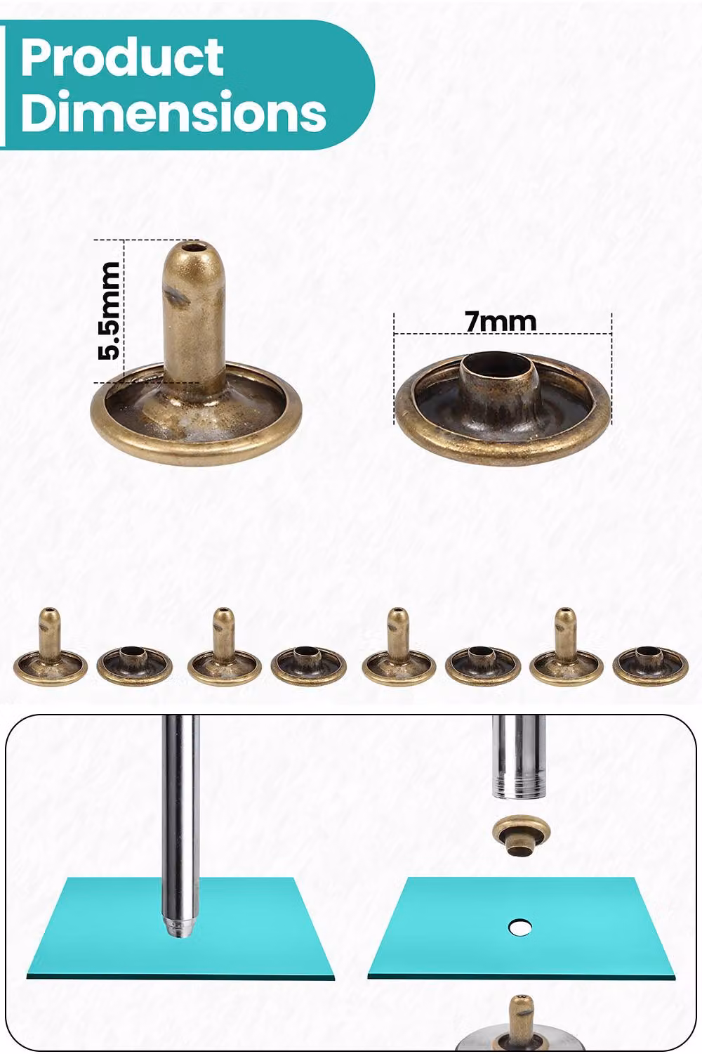 Neel Blue 7mm Double Cap Leather Rivets, Bronze Tubular Metal Studs, 100 Sets – 2