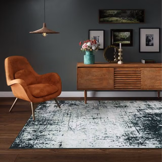 The Rug House Emerald Distressed Abstract Living Room Rug in Green, W: 230 cm, D: 160 cm