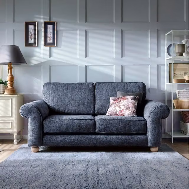 Abakus Direct Ingrid 2 Seater Upholstered Fabric Sofa in Blue with Scatter Cushions