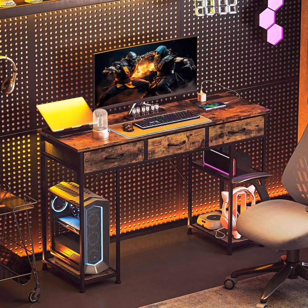 Rolipo Brown Computer Desk with Power Outlets, Fabric Drawers and Shelves, Width: 120 cm – 10