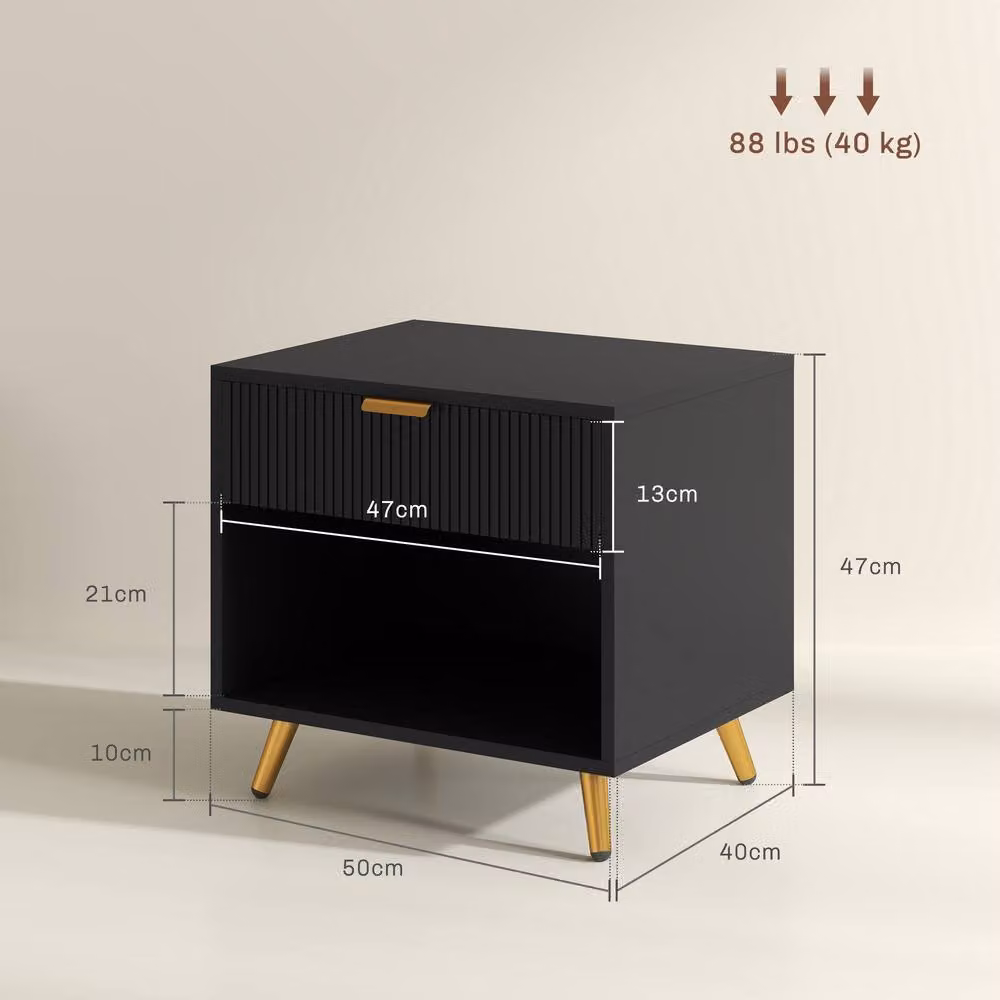 HOMCOM Set of 2 Modern Black and Gold Bedside Tables with Media Compartments – 3