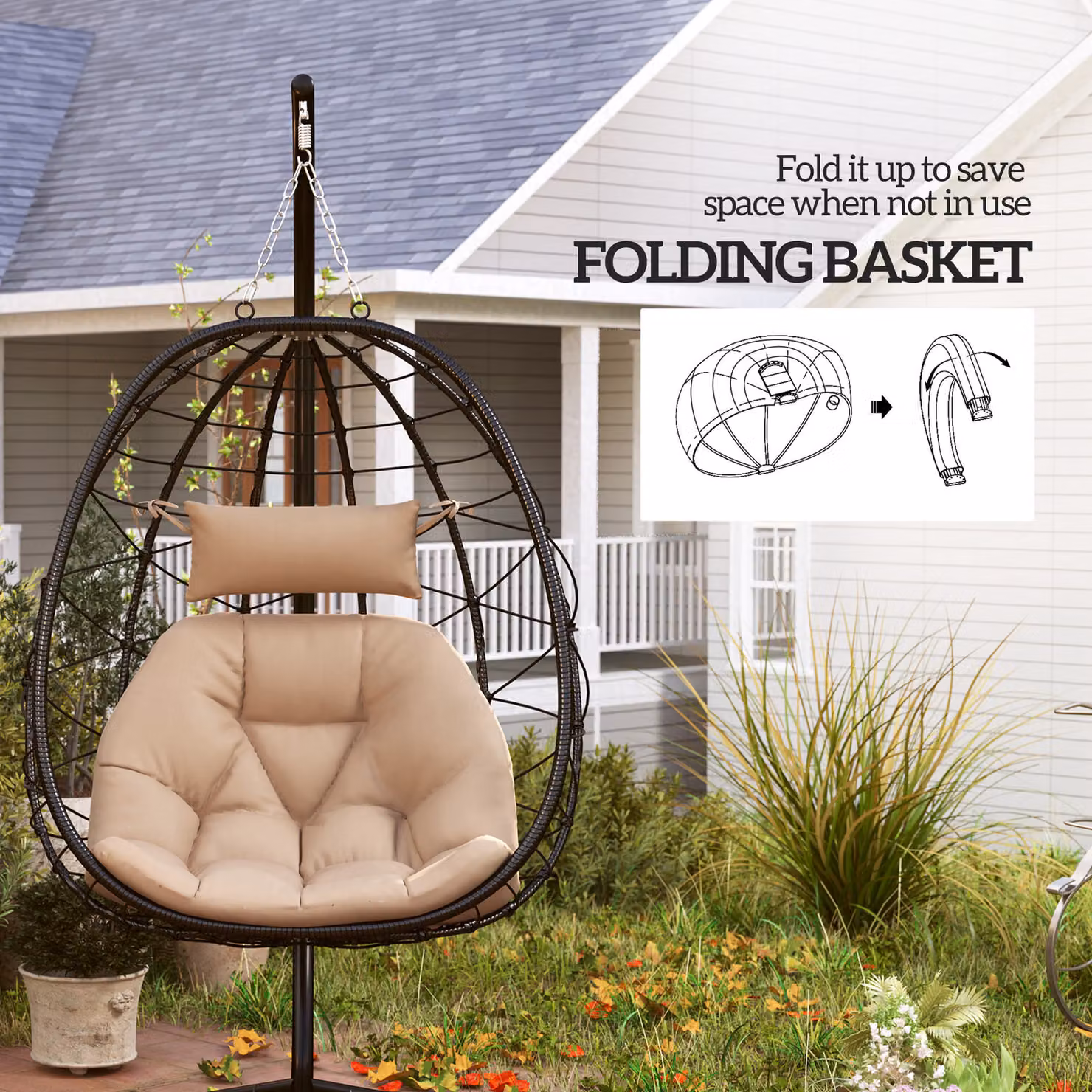 Outsunny Hanging Egg Chair Garden Swing with Stand and Cushions, Beige – 5