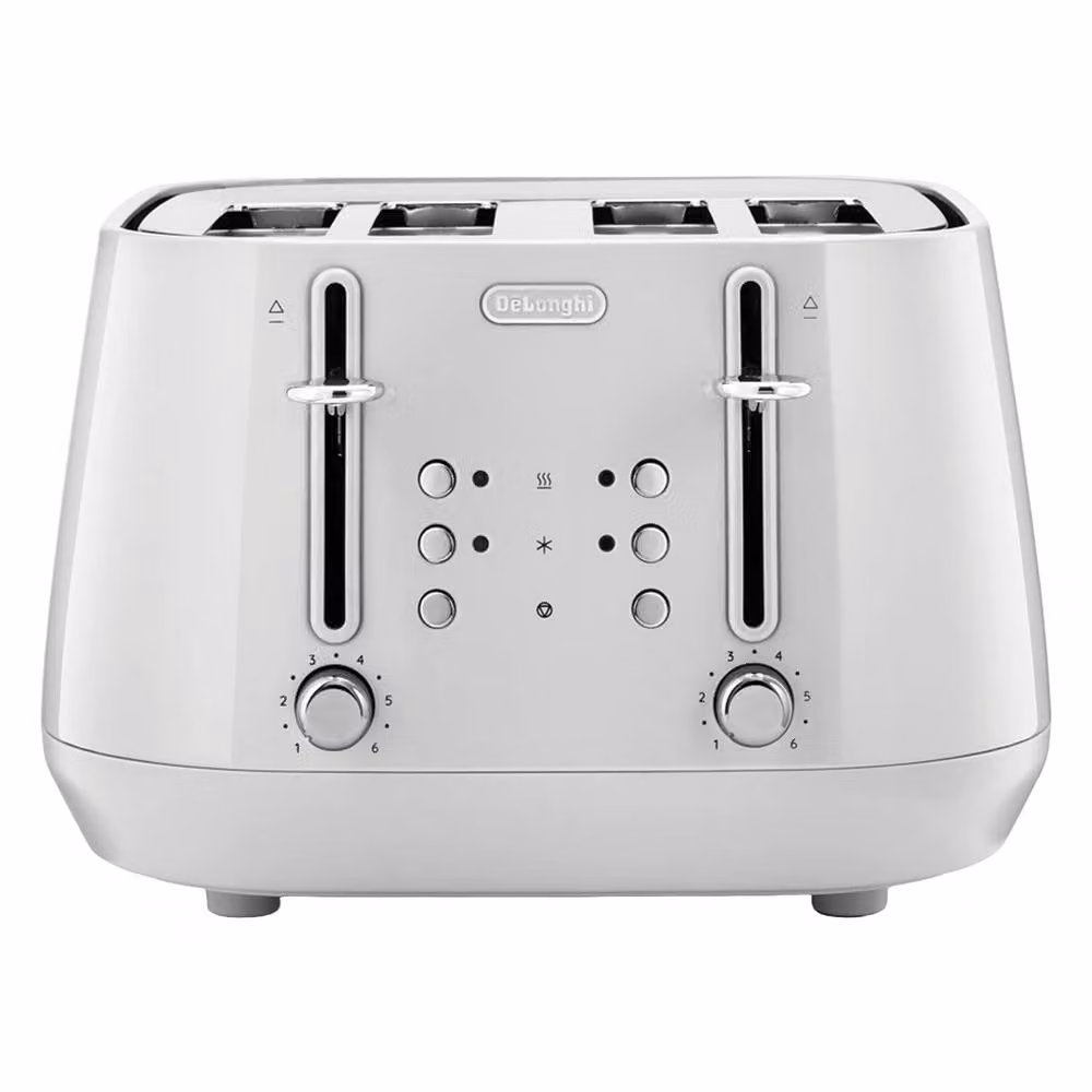 DeLonghi Eclettica White Variable Temperature 1.7L Kettle and 4-Slice Stainless Steel Toaster Set – 1
