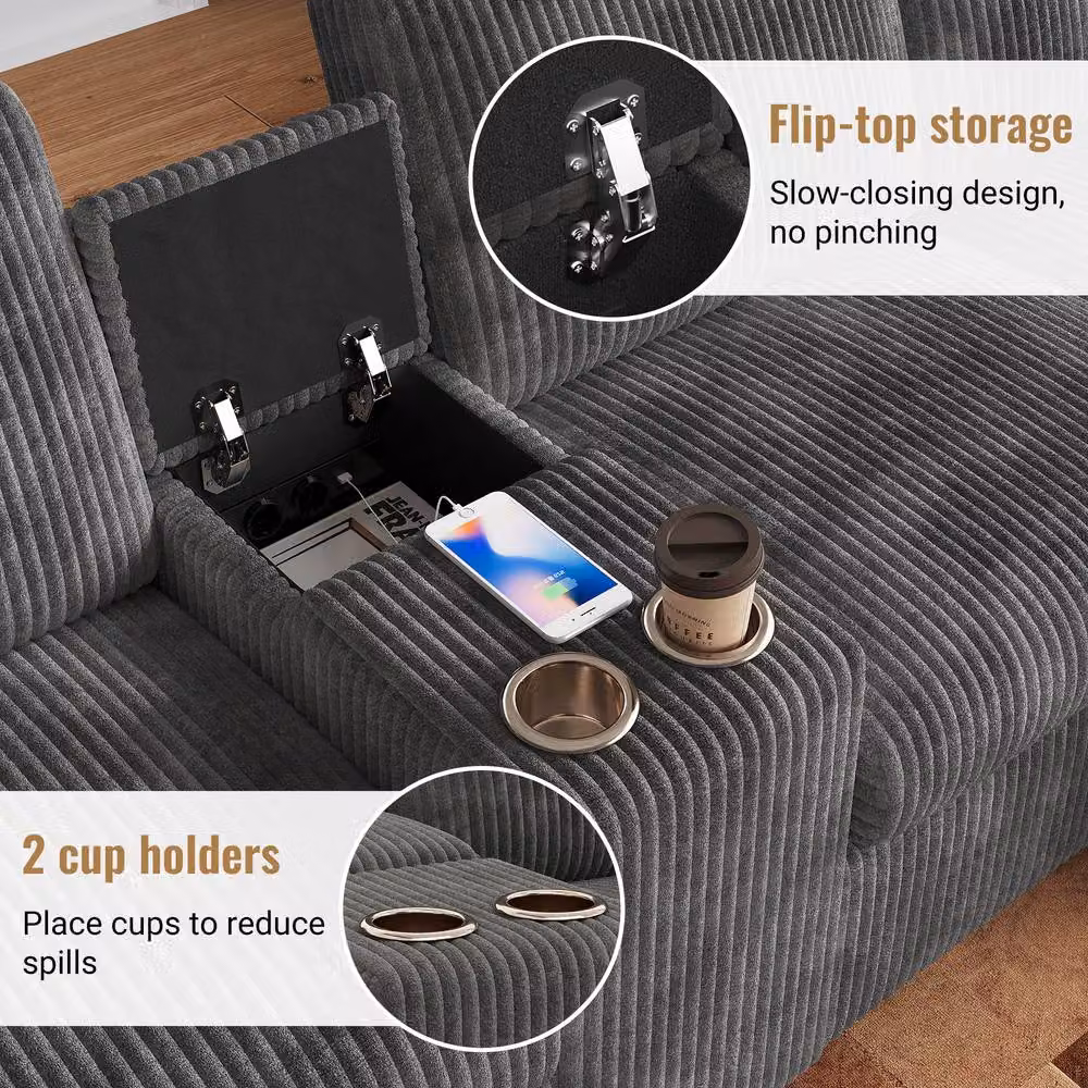 BTM U-Shaped Sectional Ottoman Storage Sofa in Grey with USB Charging Ports and Cup Holders – 6