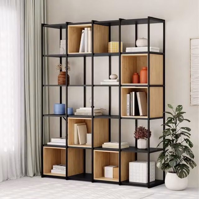 Decortie Vale Maxi 5-Tier Oak and Black Modern Bookcase with Adjustable Shelves