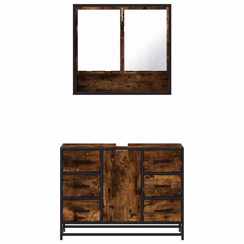 Berkfield Home 2 Piece Industrial Bathroom Furniture Set in Smoked Oak Brown featuring Vanity Unit and Mirror Cabinet – 3
