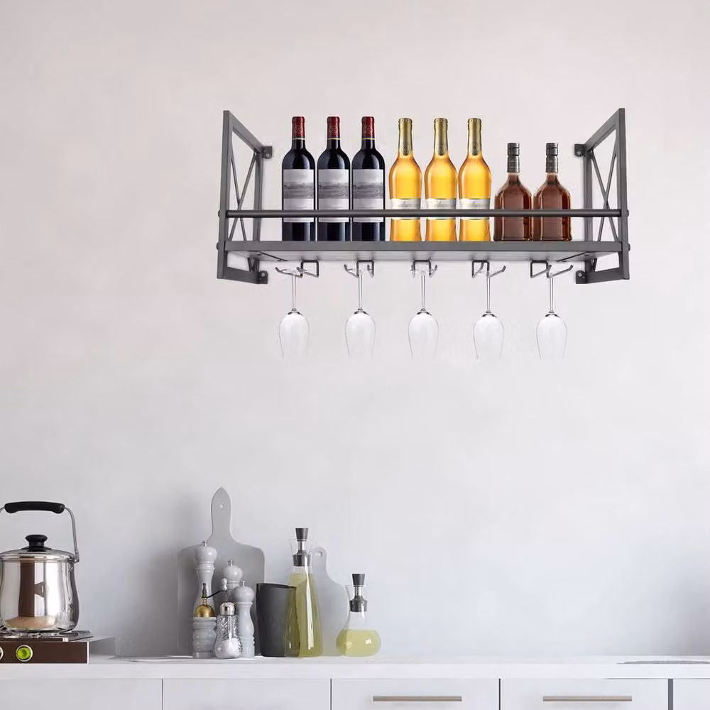 FORGEVIO Wall Mounted Metal Wine Glass and Bottle Rack in Brown – 3