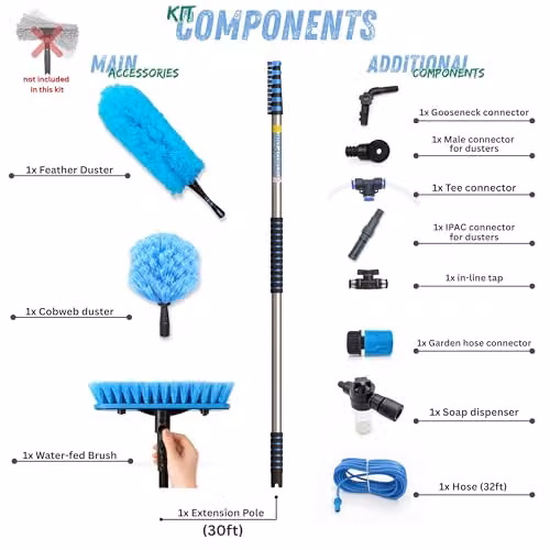 IGAD 30ft Telescopic Water-Fed Solar Panel and Window Cleaning Pole Kit in Blue with Brush and Soap Dispenser – 7