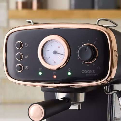 Cooks Professional 15-Bar Retro Espresso Coffee Machine with Steam Wand and 1.2L Removable Water Tank in Black and Copper – 5