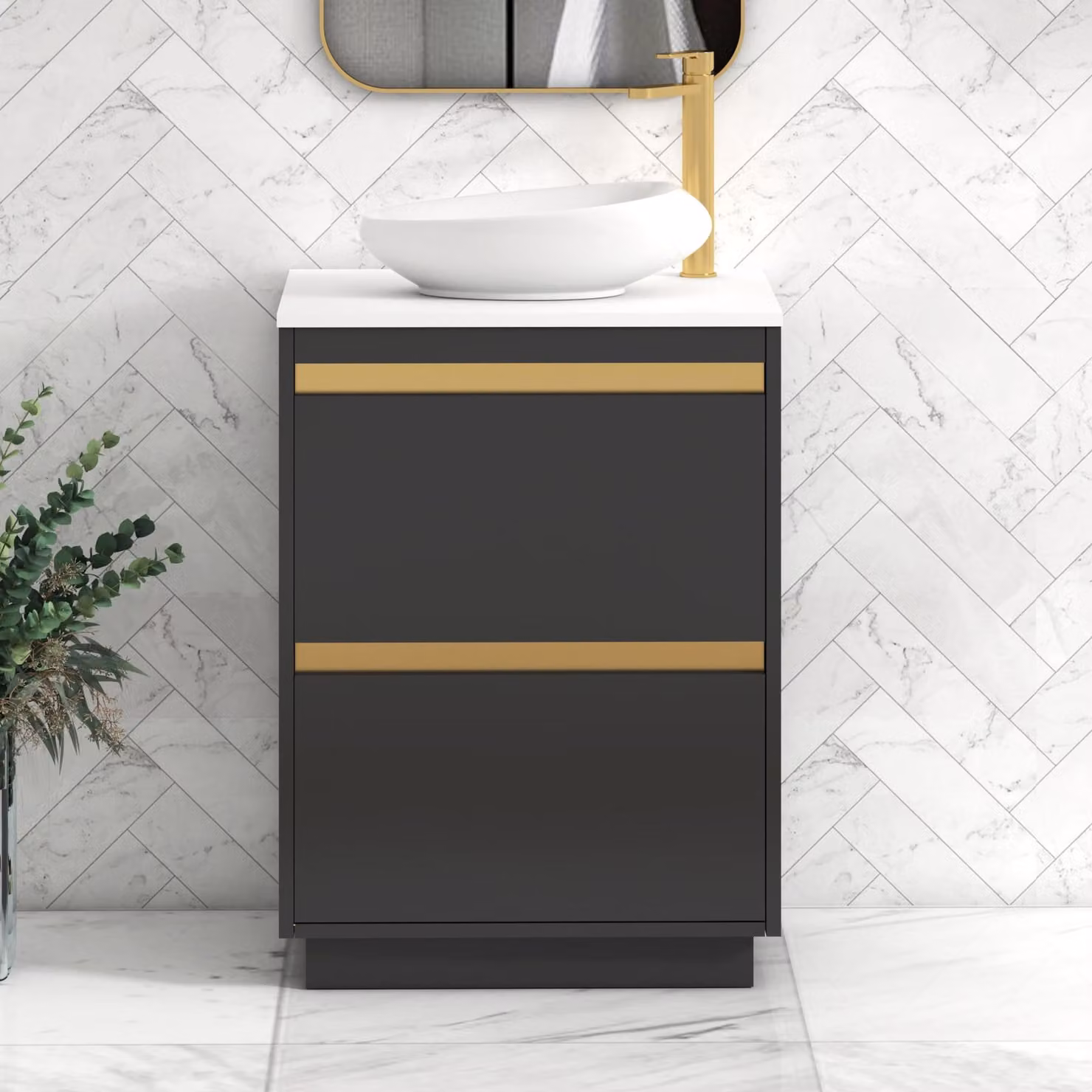 Royal Bathrooms Orion 600mm Matt Obsidian Black Floor Standing 2 Drawer Vanity Unit with White Countertop, Nova Basin and Brushed Brass Accent Trim