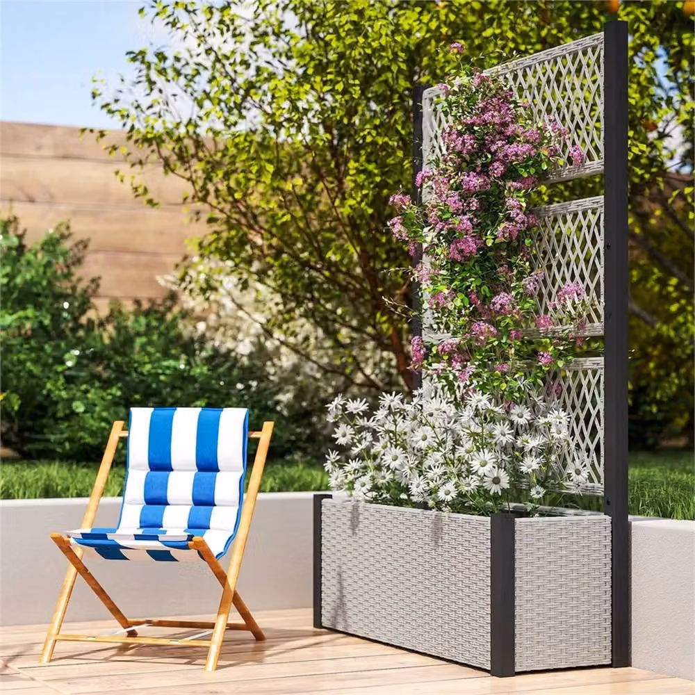SPETLEK Mixed-grey Rattan Raised Planter Box with Climbing Trellis Support, W/D/H: 148 x 90 x 35 cm – 6
