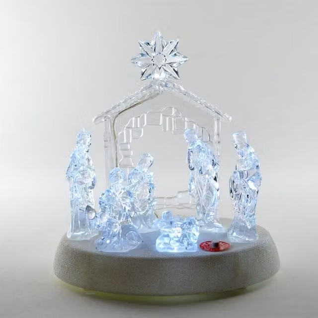 Shatchi Musical Nativity Scene Acrylic Sculpture, Pre-Lit Multicolour LED Christmas Tabletop Decoration, White, Height: 20 cm