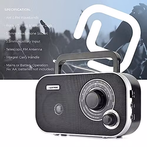 LLOYTRON Calypso Portable AM/FM Radio with 3.5mm Jack, Black – 3