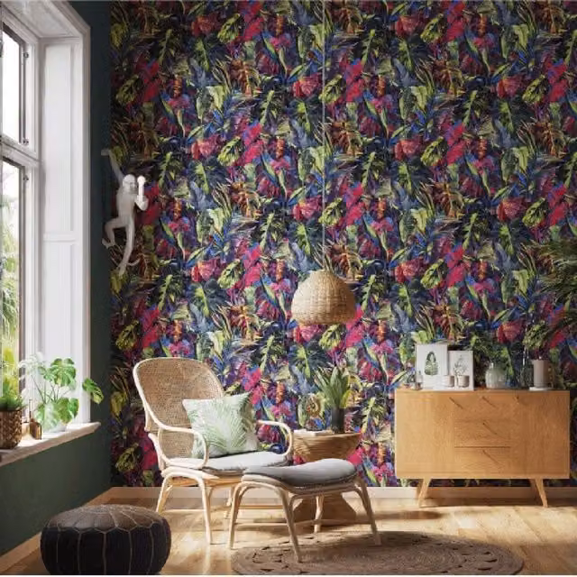 Erfurt Jungle Palm Leaf Botanical Textured Vinyl Wallpaper, Multicoloured Red, Green and Grey