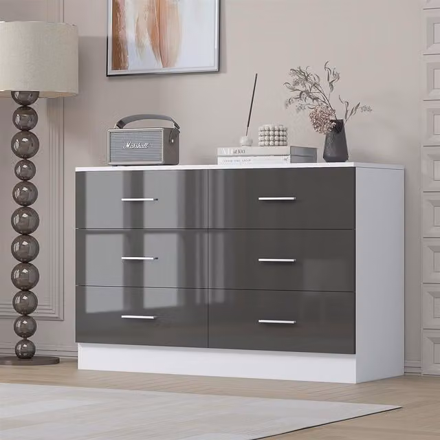 REFLECT Wide 6 Drawer Chest in Grey High Gloss and Matt White Finish