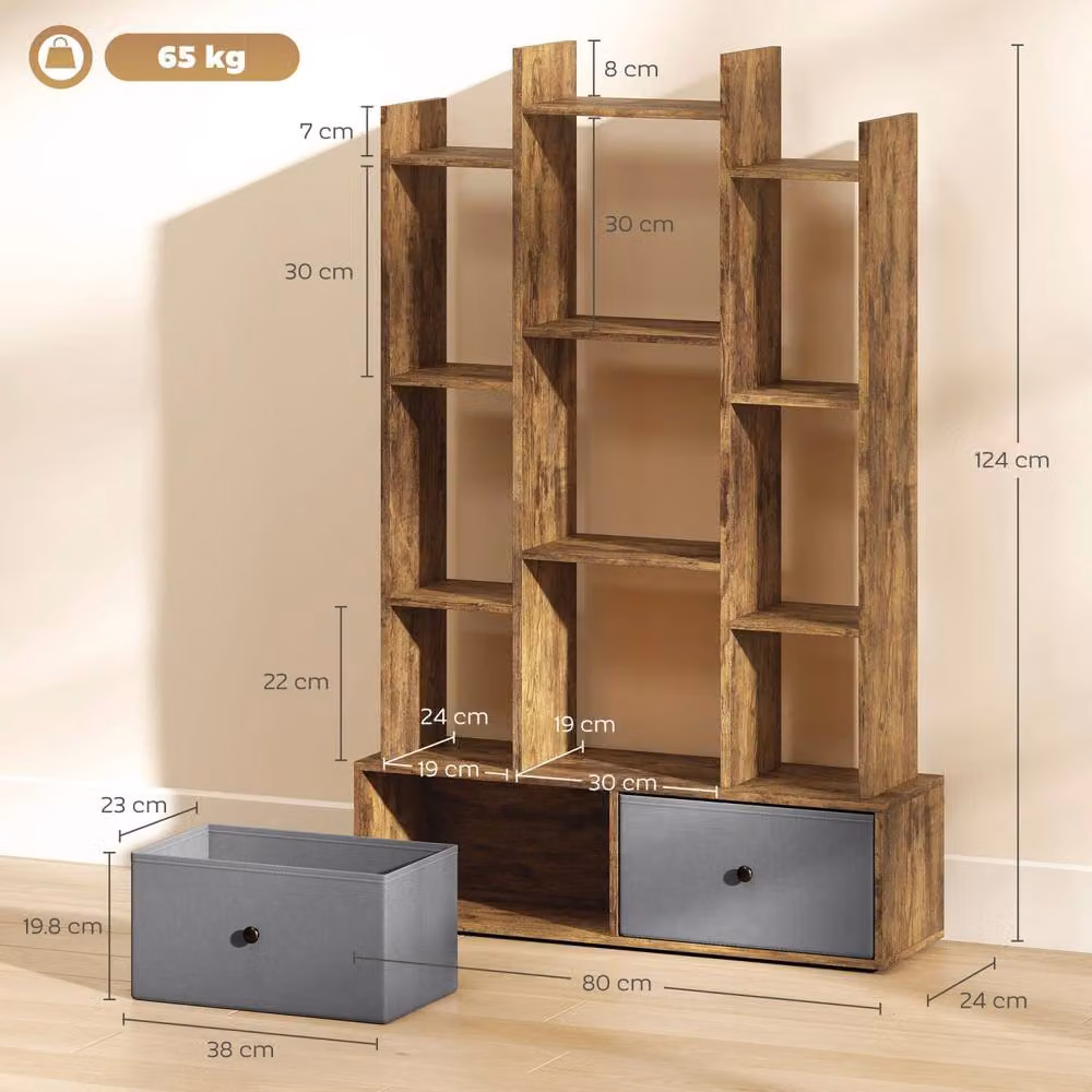 Wyld Haus Nero 12 Compartment Rustic Brown Wood Storage Unit with 2 Fabric Drawers, W/D/H: 124 x 80 x 24 cm – 4