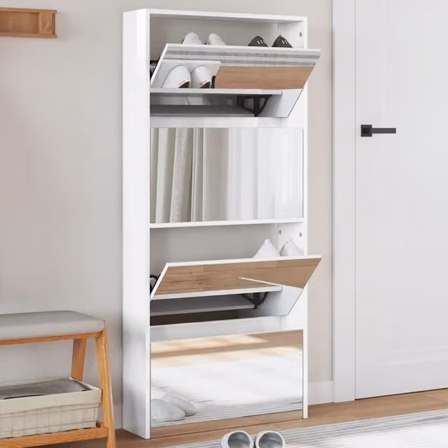 Berkfield Home High Gloss White Shoe Cabinet with Mirror, W: 63 cm, D: 17 cm, H: 134 cm