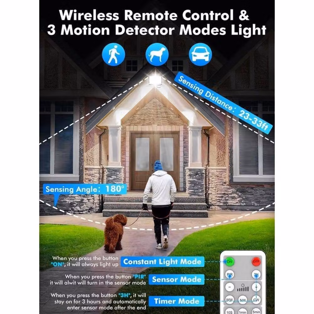 KORVIXA 100W LED Outdoor Floodlight with PIR Motion Sensor, Dimmable and Remote Control, IP66 Waterproof, Black – 4