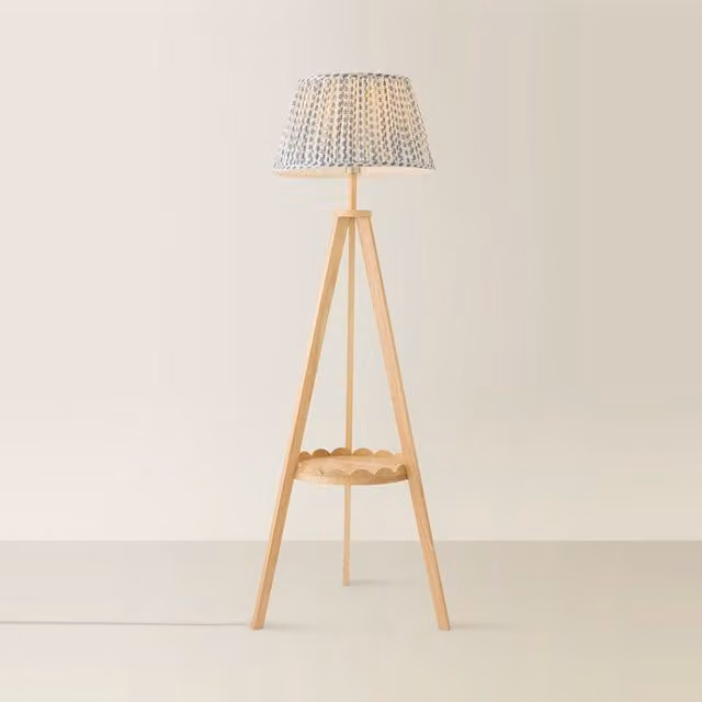ValueLights Morrigan Ditsy Floral Pleated Shade Wooden Tripod Floor Lamp in Blue and Green