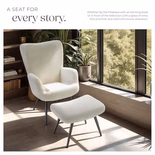 tectake Scandi Style Armchair with Ottoman in Cream Bouclé and Black Metal Legs – 3