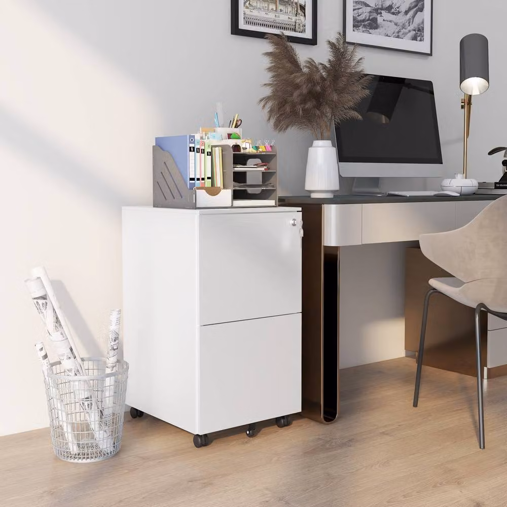 ERGOVEXA Lockable 2-Drawer Vertical Metal Filing Cabinet with Castors, White – 3
