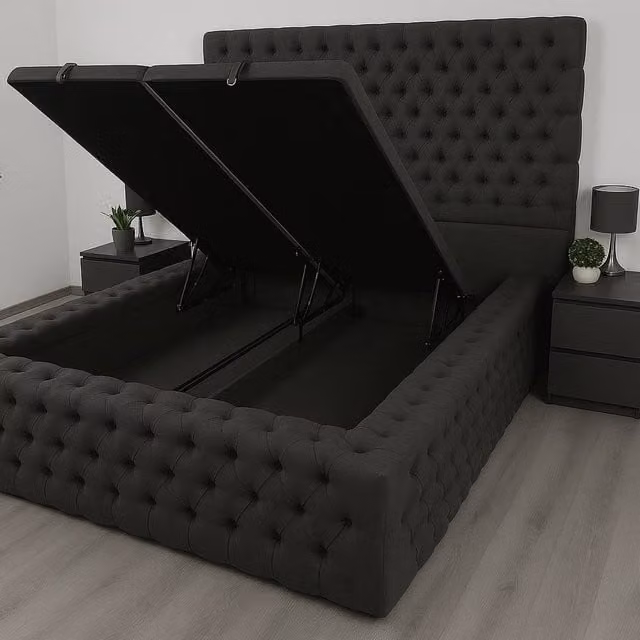 Stratus Interiors Grand Ambassador Divan Upholstered Storage Bed Frame in Black, W/D/H: 200 x 200 cm