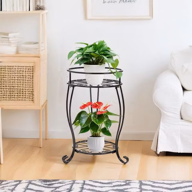 Livingandhome 2-Tier Black Metal Plant Stand for Indoor and Outdoor Use
