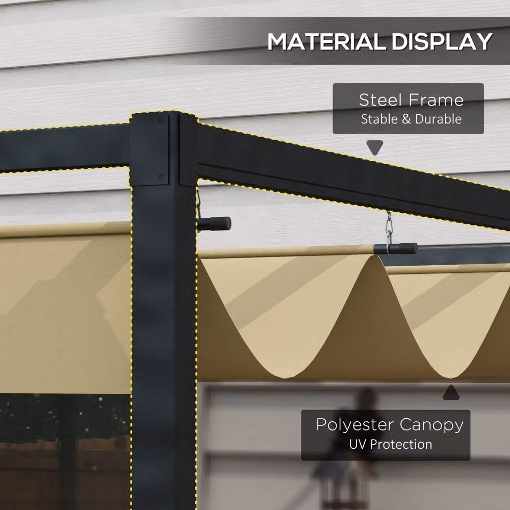 OUTSUNNY Metal Pergola Gazebo Patio Sunshelter with Retractable Canopy in Beige, W/D/H: 298 x 221 x 200 cm – 4