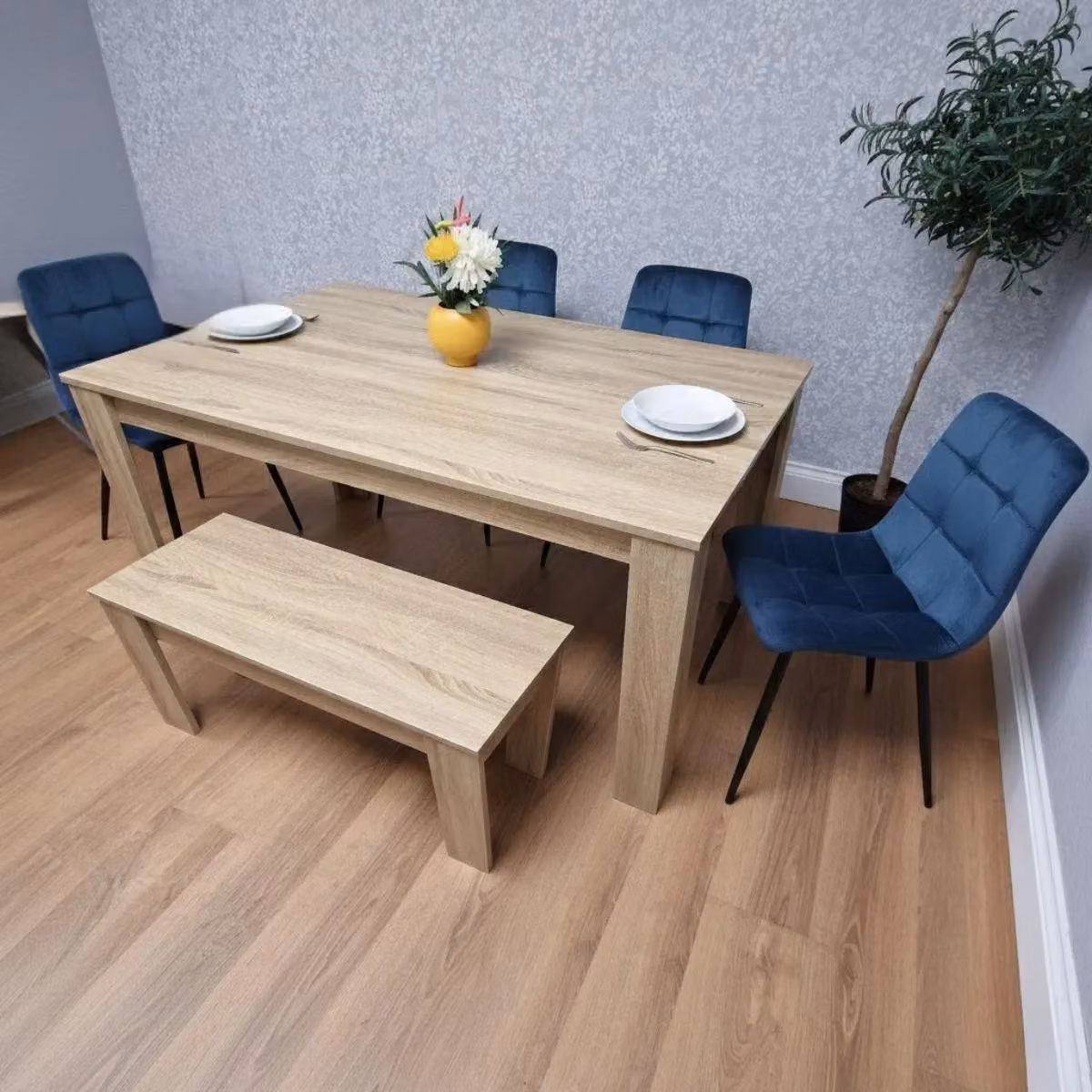 Kosy Koala Modern Oak Effect Dining Set with 4 Blue Velvet Chairs and Bench in Brown – 2