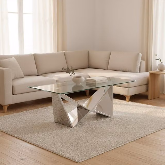 Orsina Modern Rectangular Glass Coffee Table with Silver Metal X-Frame, W/D/H: 120 x 60 x 42 cm – 2
