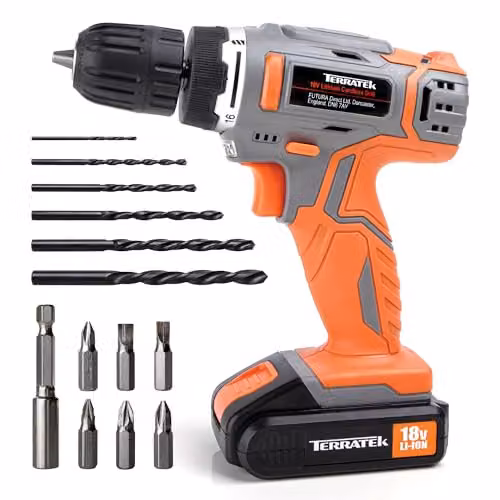 Terratek 18V Cordless Drill Set with 13-Piece Kit and Rechargeable Battery in Orange and Grey