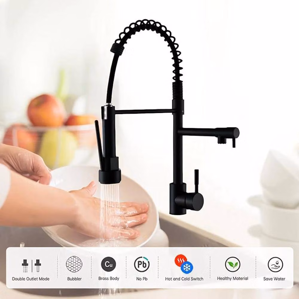 Dyzi Matt Black Brass Single Lever Kitchen Mixer Tap with Pull Out Spray Spout – 3