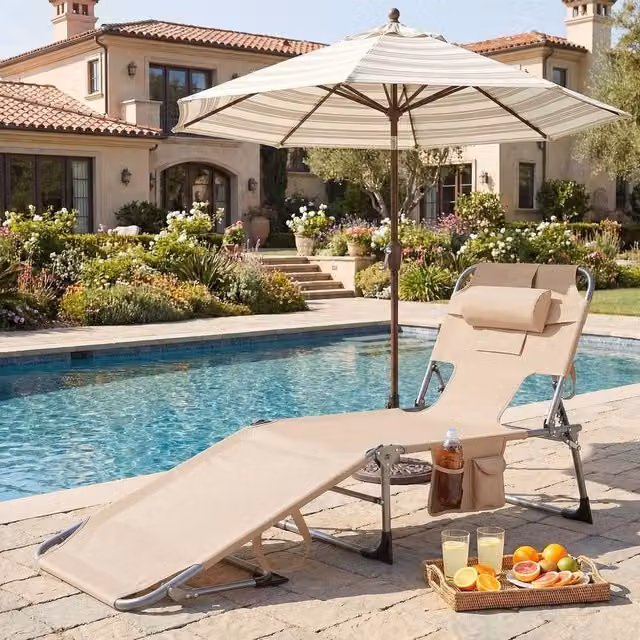 KORVIXA Tanning Chair in Beige with Adjustable Headrest and Multi-Position Backrest