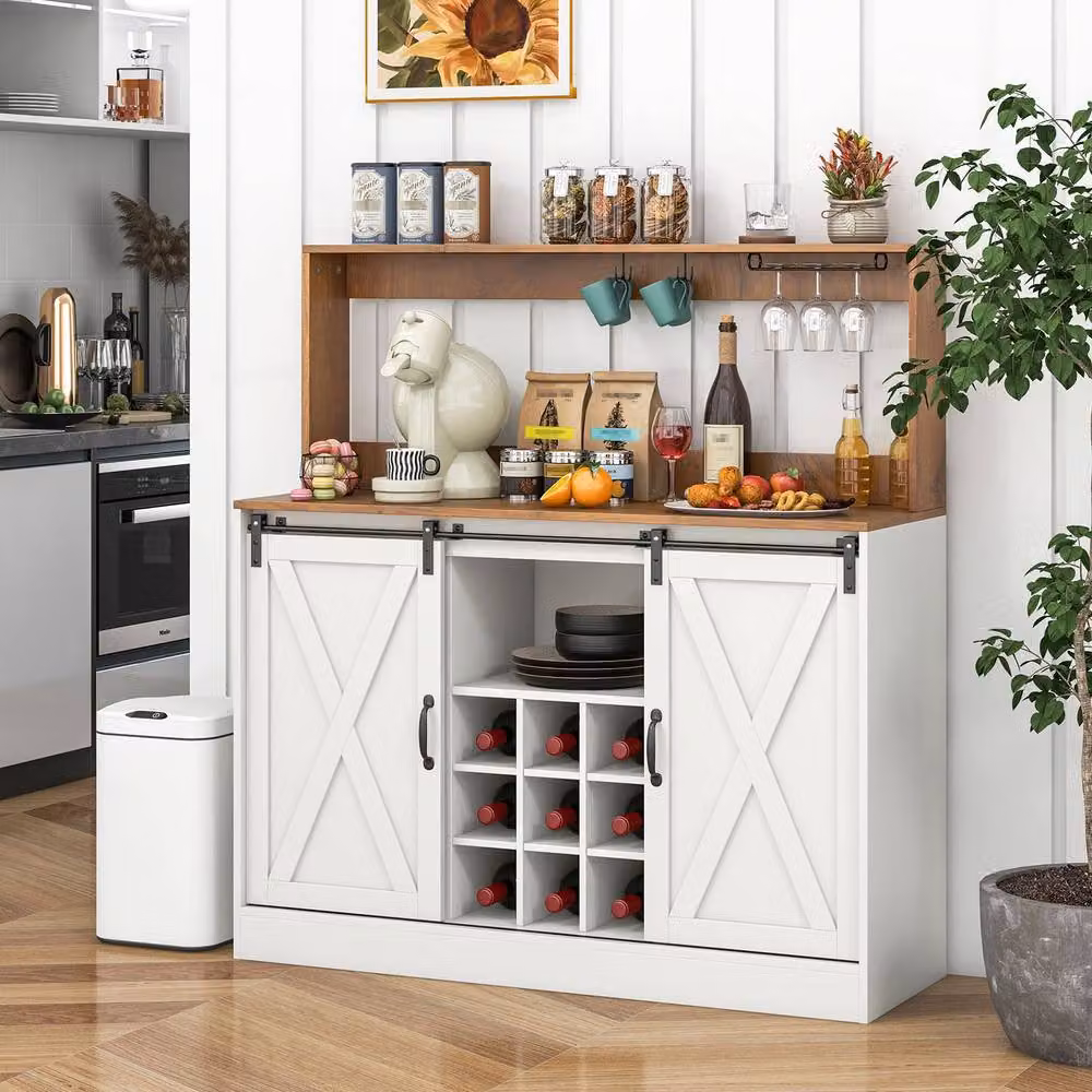 Costway Farmhouse Coffee Bar Cabinet and Wine Cabinet with Charging Station, White – 2