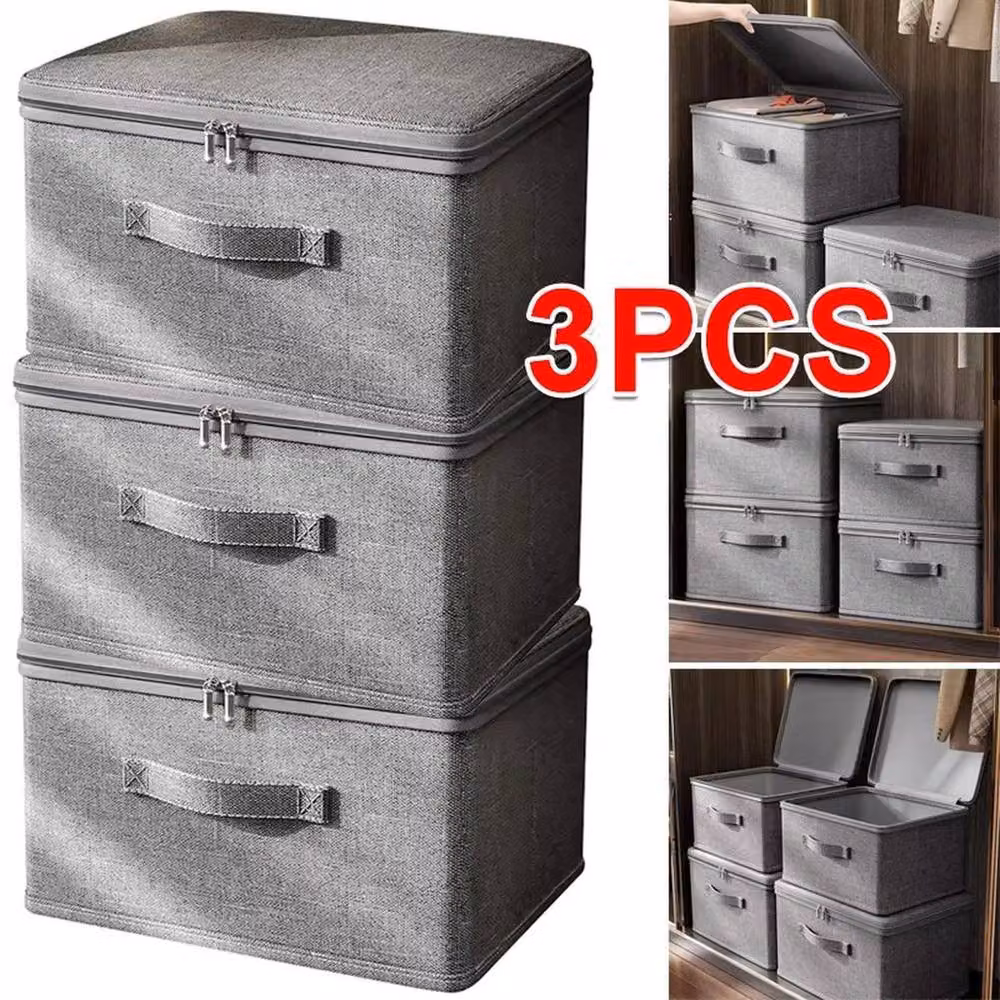 NESTLUNE Set of 3 Large Foldable Canvas Storage Boxes in Grey – 3